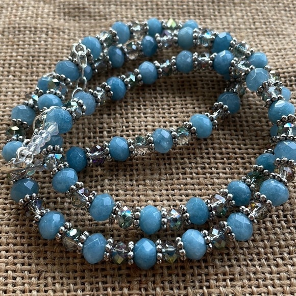 Necklace polished ocean blue aquamarine Silver & Crystal spacers Adjustable - Picture 4 of 13